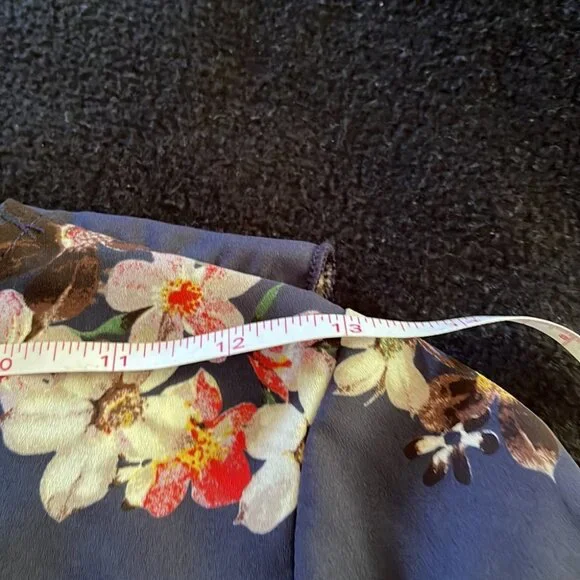 Navy Floral Tie-Front Ruffle Blouse - Romantic Feminine Blue Shirt - Picture 3 of 6